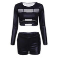 Sexy Black See-Through Faux Leather Spliced Crop Top+Bodycon Shorts Twinset For Women - Black M