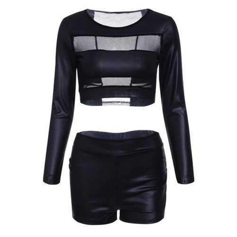 Sexy Black See-Through Faux Leather Spliced Crop Top+Bodycon Shorts Twinset For Women - Black M