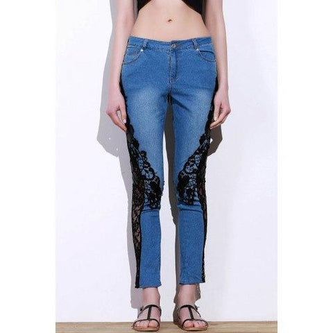 Stylish Mid-Waisted Lace Embellished See-Through Women's Jeans - Blue And Black M