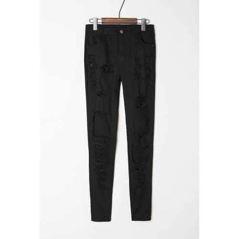 Chic Mid-Waisted Pure Color Hole Design Women's Jeans - Black M