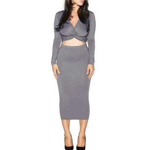 Trendy V-Neck Long Sleeve Front Twist Crop Top and Solid Color Pencil Skirt Women's Suit - Gray M