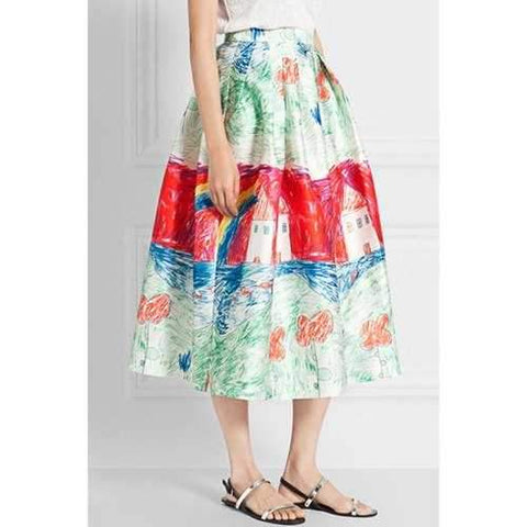 Fashionable Colorful Scrawl Print Skirt For Women - Red And Green S