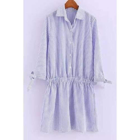 Stylish Shirt Collar Half Sleeve Striped Elastic Waist Women's Dress - Blue S