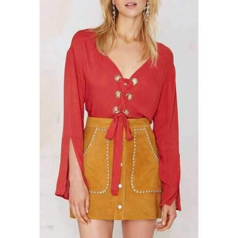 Stylish Deep V Neck Long Split Seeve Lace-Up Women's Red Chiffon Blouse - Red S