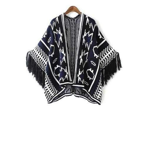 Stylish Open Front Wide Sleeve Jacquard Tassels Spliced Women's Cape Sweater - Blue One Size(fit Size Xs To M)