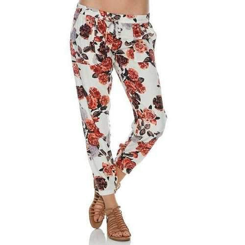Casual Style Floral Print Tie-Up Pants For Women - White S