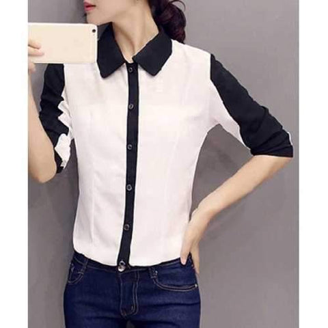 Simple Style Black and White Spliced Long Sleeve Chiffon Shirt For Women - White And Black 2xl