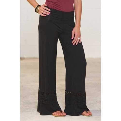 Casual High-Waisted Solid Color Wide Leg Lace Spliced Women's Pants - Black S