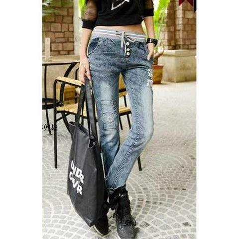 Stylish Elastic Waist Letter Printed Harem Jeans For Women - Deep Gray 29