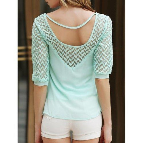 Stylish Scoop Neck Half Sleeve Hollow Out Chiffon Women's Blouse - Green Xl