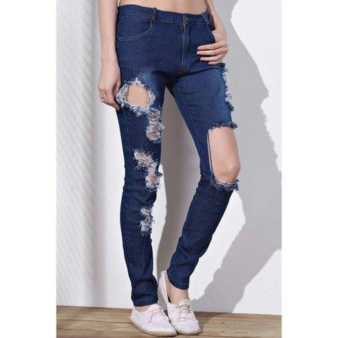 Cut Out Frayed Knee Jeans - Blue S