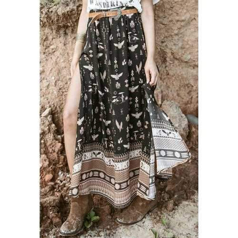 Trendy High-Waisted High Slit Multielement Print Women's Long Skirt - Black S