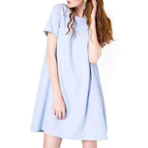 Chic Round Neck Short Sleeve Pure Color Women's Maternity Dress - Blue M