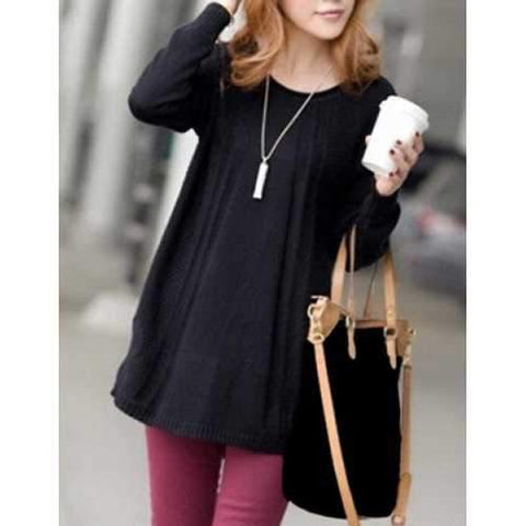 Stylish Scoop Neck Long Sleeves Loose-Fitting Knitted Sweater For Women - Black One Size(fit Size Xs To M)