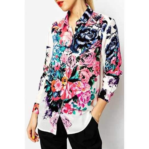 Stylish Flat Collar Long Sleeves Flower Print Arc Hem Women's Shirt - L