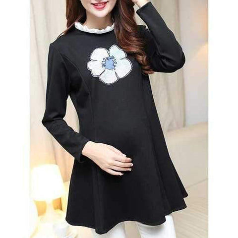 Stylish Ruffled Collar Long Sleeve Floral Print Maternity Mini Dress For Women - Black M