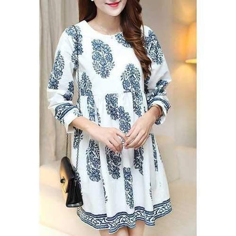 Stylish Scoop Neck Long Puff Sleeve Printed Bowknot Mini Dress For Women - White M
