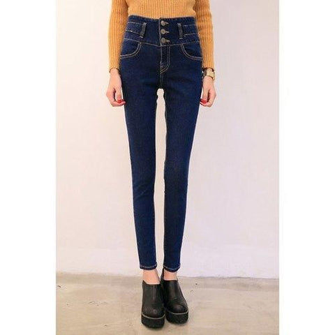 Simple Buttoned Blue Jeans For Women - Blue 29