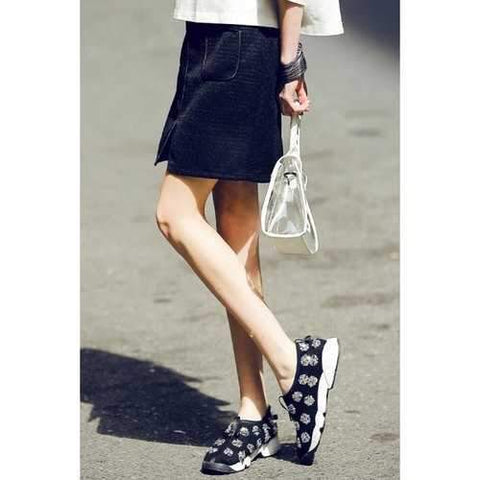 Chic Mid-Waisted Pocket Design Front Slit Women's Mini Skirt - Black S