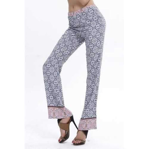 Stylish Elastic Waist Retro Print Flare Women's Pants - Light Gray L
