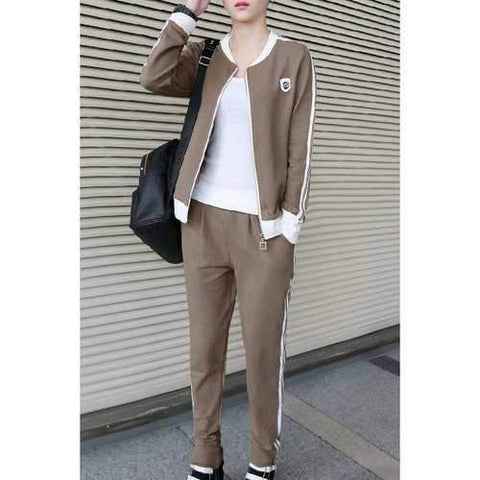 Active Stand Collar Long Sleeve Patch Design Hoodie and Striped Pants Suit For Women - Light Brown Xl
