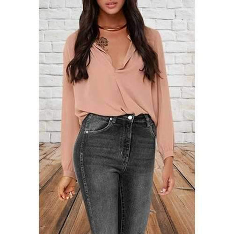 Stylish V Neck Long Sleeves Pure Color Women's Blouse - Shallow Pink S