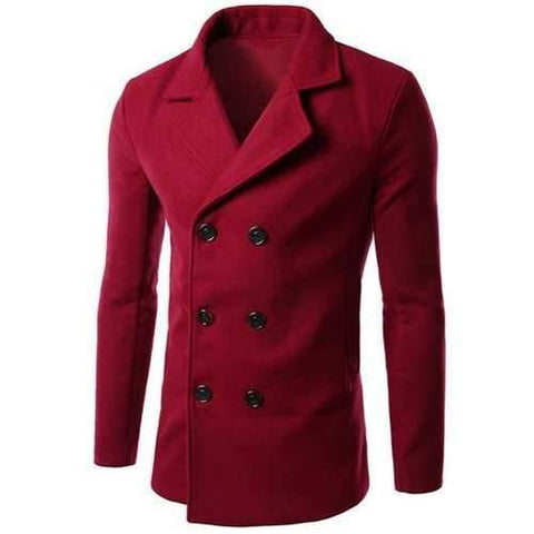 Turn-Down Collar Solid Color Long Sleeve Slimming Woolen Men's Peacoat - Red 3xl