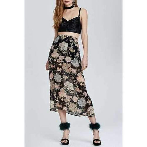 Elegant High-Waisted Floral Print Side Slit Women's Long Skirt - Black 2xl