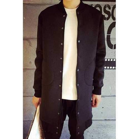 Stand Collar Solid Color Long Sleeve Buttons Lengthen Men's Jacket - Black Xl