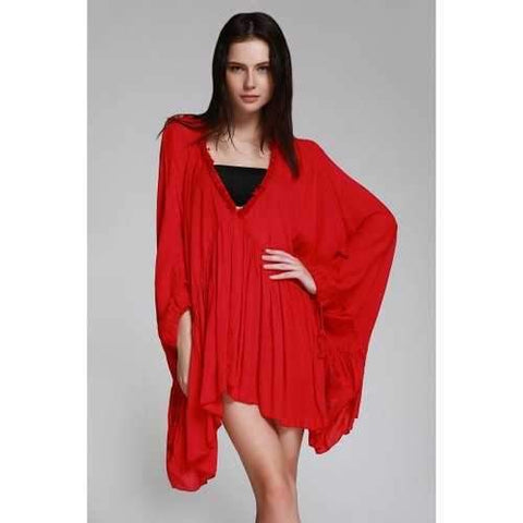 Stylish Plunging Neck Bat Wing Sleeve Pure Color Women's Dress - Red One Size(fit Size Xs To M)