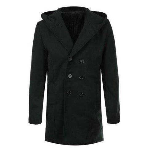 Laconic Hooded Multi-Button Back Slit Solid Color Long Sleeves Loose Fit Men's Thicken Peacoat - Black Xl