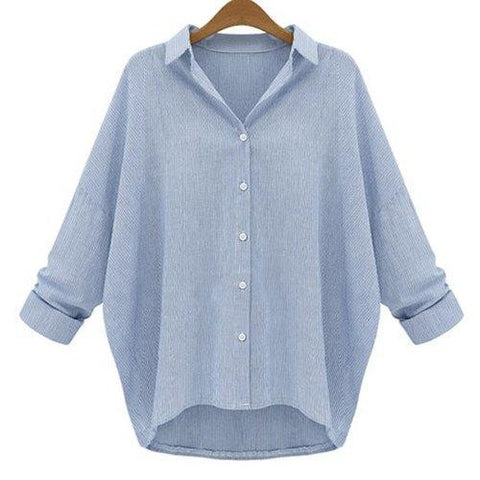 Chic Shirt Collar Long Sleeve Striped Plus Size Women's Shirt - Blue 2xl