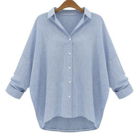 Chic Shirt Collar Long Sleeve Striped Plus Size Women's Shirt - Blue 2xl