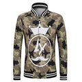 Slimming Stand Collar Cartoon Crown Print Striped Rib Spliced Long Sleeves Men's Camo Jacket - Camouflage 2xl