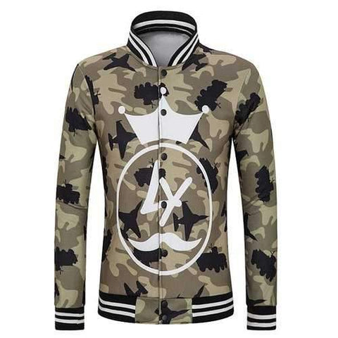 Slimming Stand Collar Cartoon Crown Print Striped Rib Spliced Long Sleeves Men's Camo Jacket - Camouflage 2xl