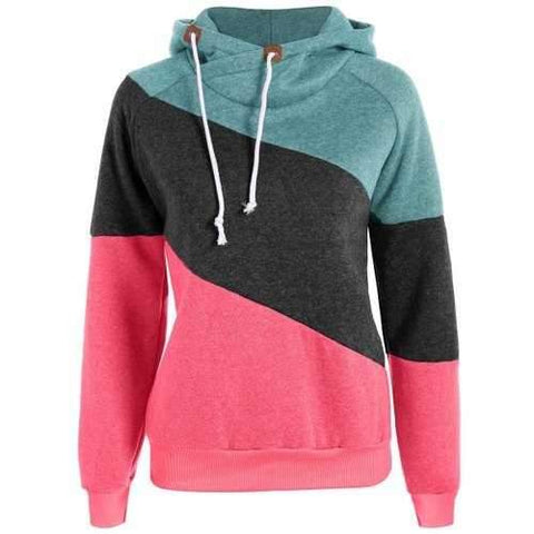 Casual Style Long Sleeve Color Block Women's Pullover Hoodie - Green S