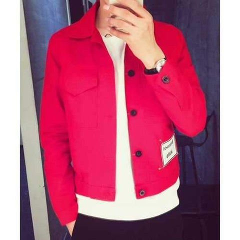 Turn-Down Collar Letter Appliques Long Sleeve Pockets Men's Jacket - Red L