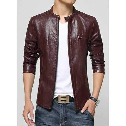 Laconic Stand Collar Multi-Zipper Special Shoulder Long Sleeves Slimming Men's PU Leather Jacket - Wine Red 3xl