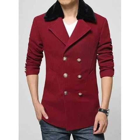 Slimming Fur Collar Multi-Button Back Slit Patch Pocket Long Sleeves Men's Woolen Blend Peacoat - Wine Red Xl
