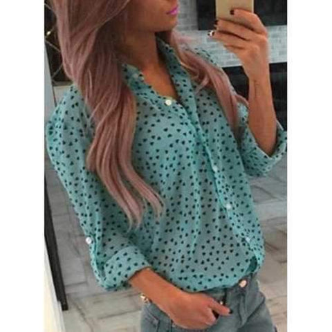 Stylish Women's Shirt Collar Long Sleeve Sweetheart Pattern Shirt - Azure M
