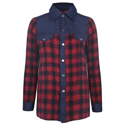 Trendy Shirt Collar Long Sleeve Color Spliced Plaid Shirt For Women - Red M