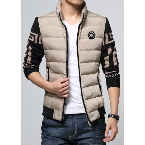 Hit Color Woolen Yarn Long Sleeves Patch Pocket Badge Design Stand Collar Men's Thicken Padded Coat - Khaki Xl