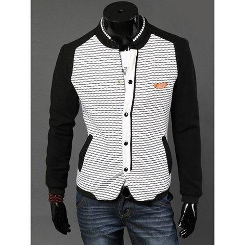 Stand Collar Waviness Print PU-Leather Embellished Long Sleeve Men's Jacket - White M