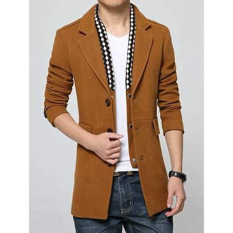 Detachable Scarf Embellished Flap Pocket Multi-Button Lapel Long Sleeves Men's Woolen Blend Coat - Camel Xl