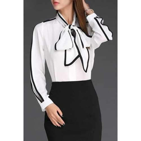 Endearing Bow Tie Collar Long Sleeve Black and White Blouse For Women - White M