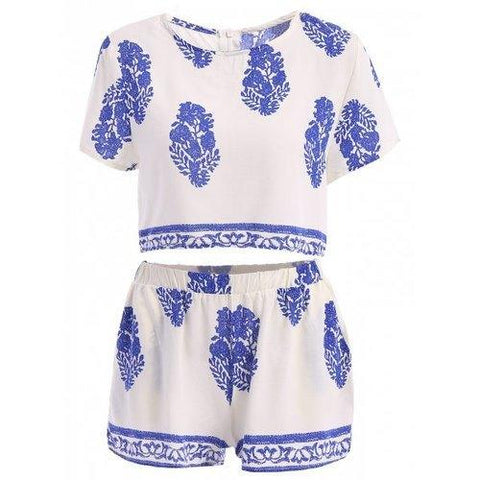 Casual Round Collar Short Sleeve Crop Top and Elastic Waist Printed Shorts Twinset For Women - White L