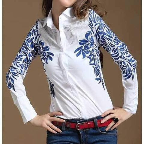 OL Style Shirt Collar Floral Print Long Sleeve Blouse For Women - White 2xl