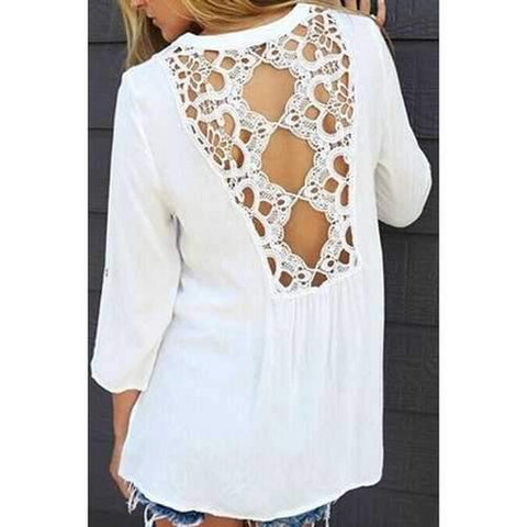 Stylish V-Neck 3/4 Sleeve Single-Breasted Pleated Women's White Shirt - White S