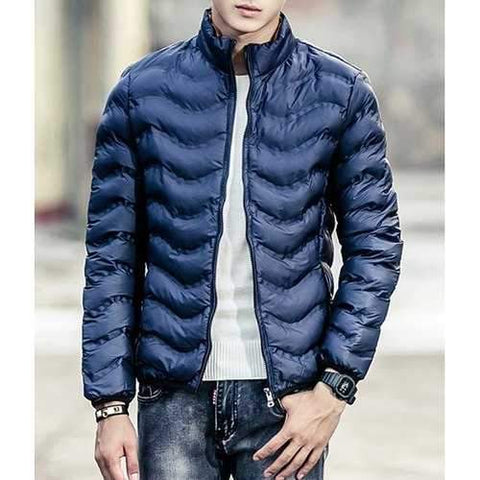 Stand Collar Waviness Long Sleeve Loose-Fitting Men's Cotton-Padded Jacket - Deep Blue Xl