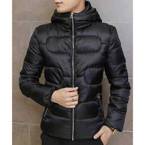 Hooded Long Sleeve Slimming Solid Color Men's Cotton-Padded Jacket - Black 3xl